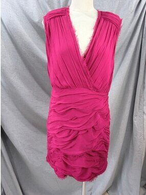 Madison Marcus Pink Silk Layered Pleated Frayed Edge Dress V-Neck Sleeveless